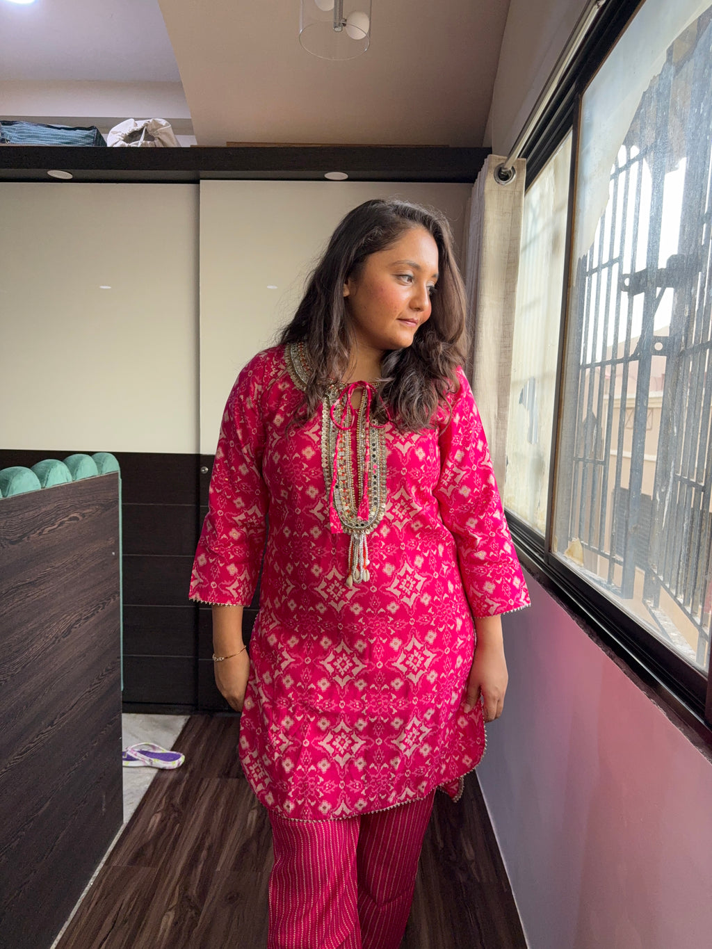 Ikat Print Pink coord Set – Beaded & Mirror Neckline