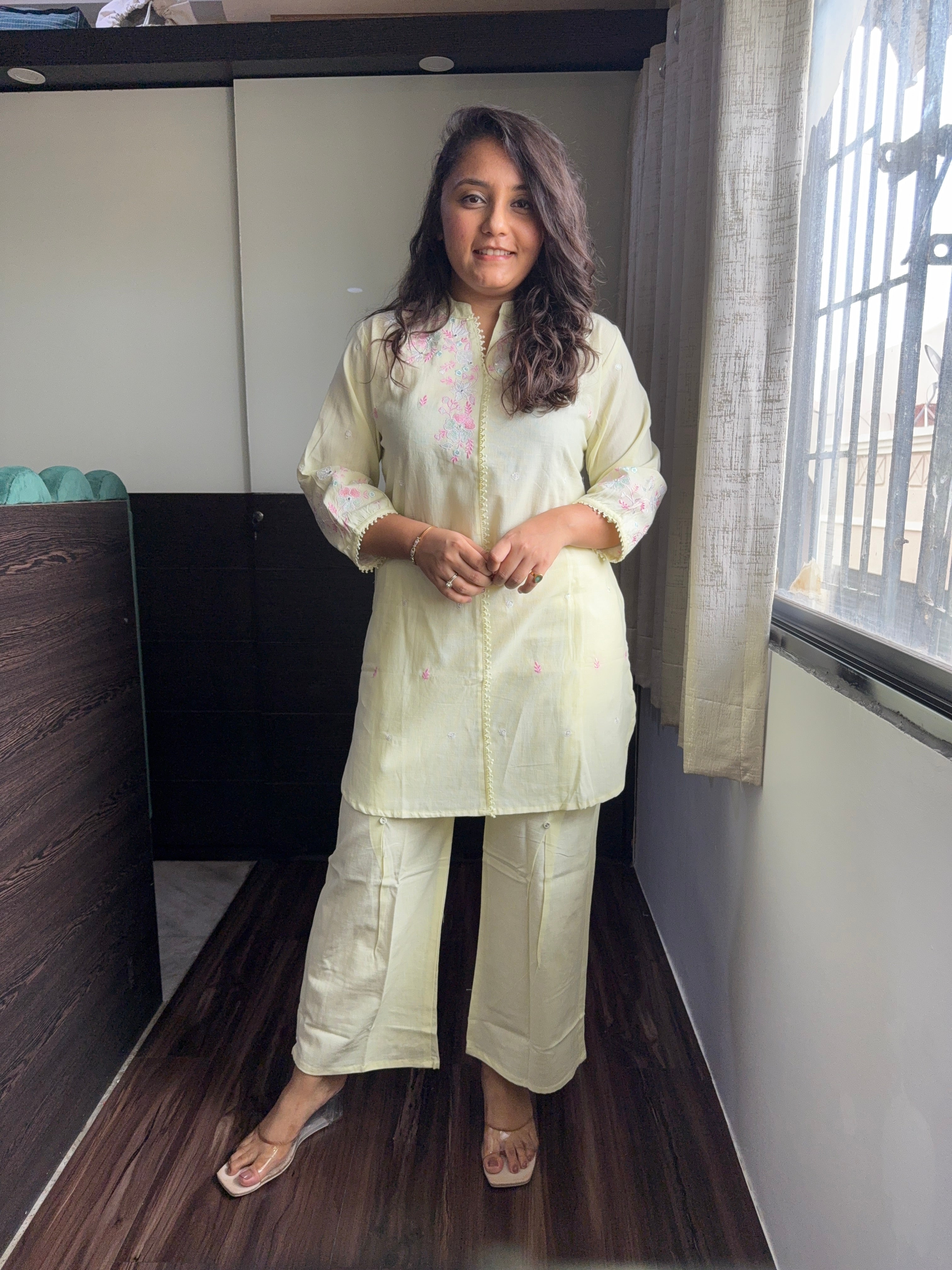 Pastel Yellow Embroidered Coord Set