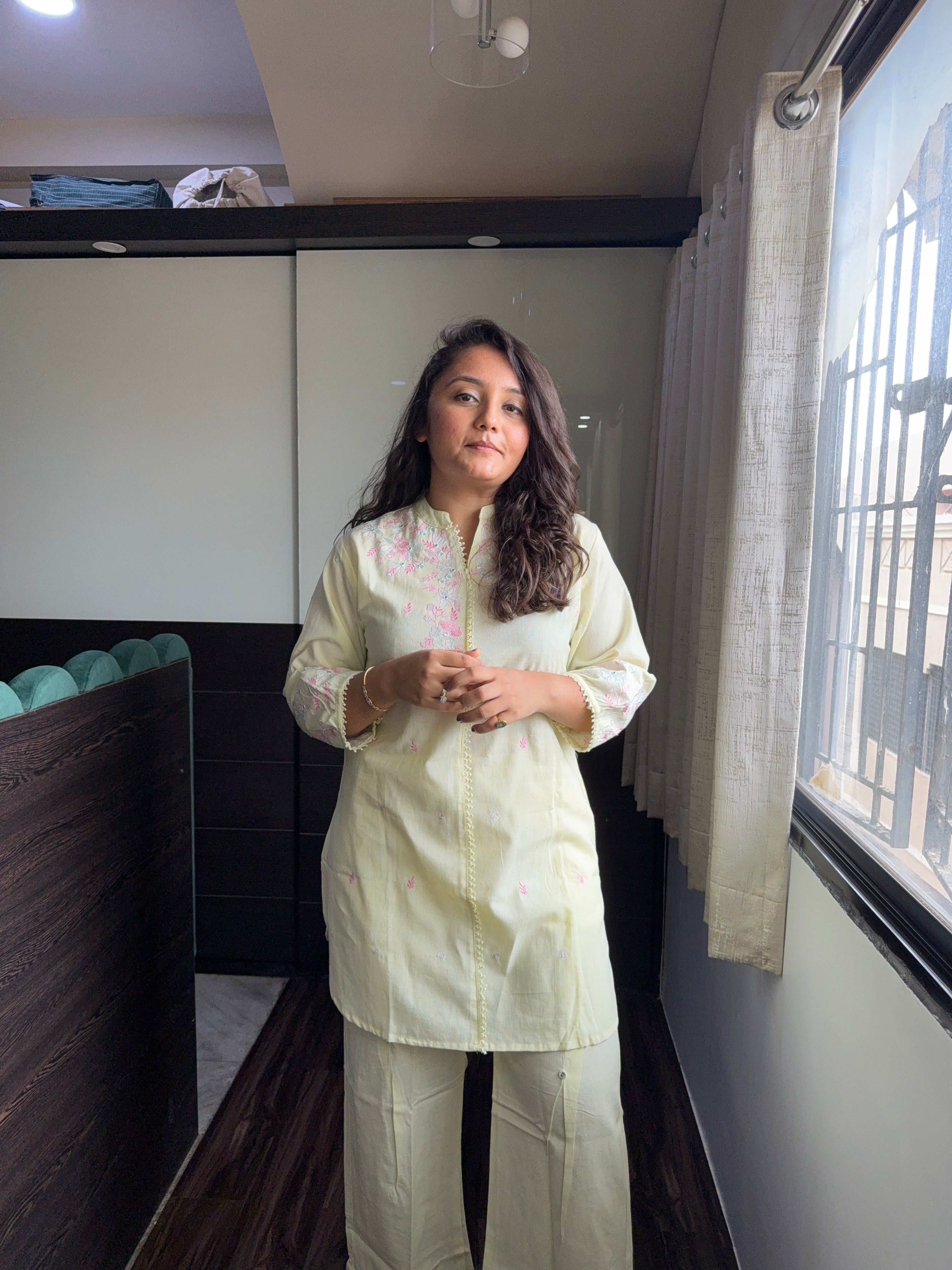 Pastel Yellow Embroidered Coord Set