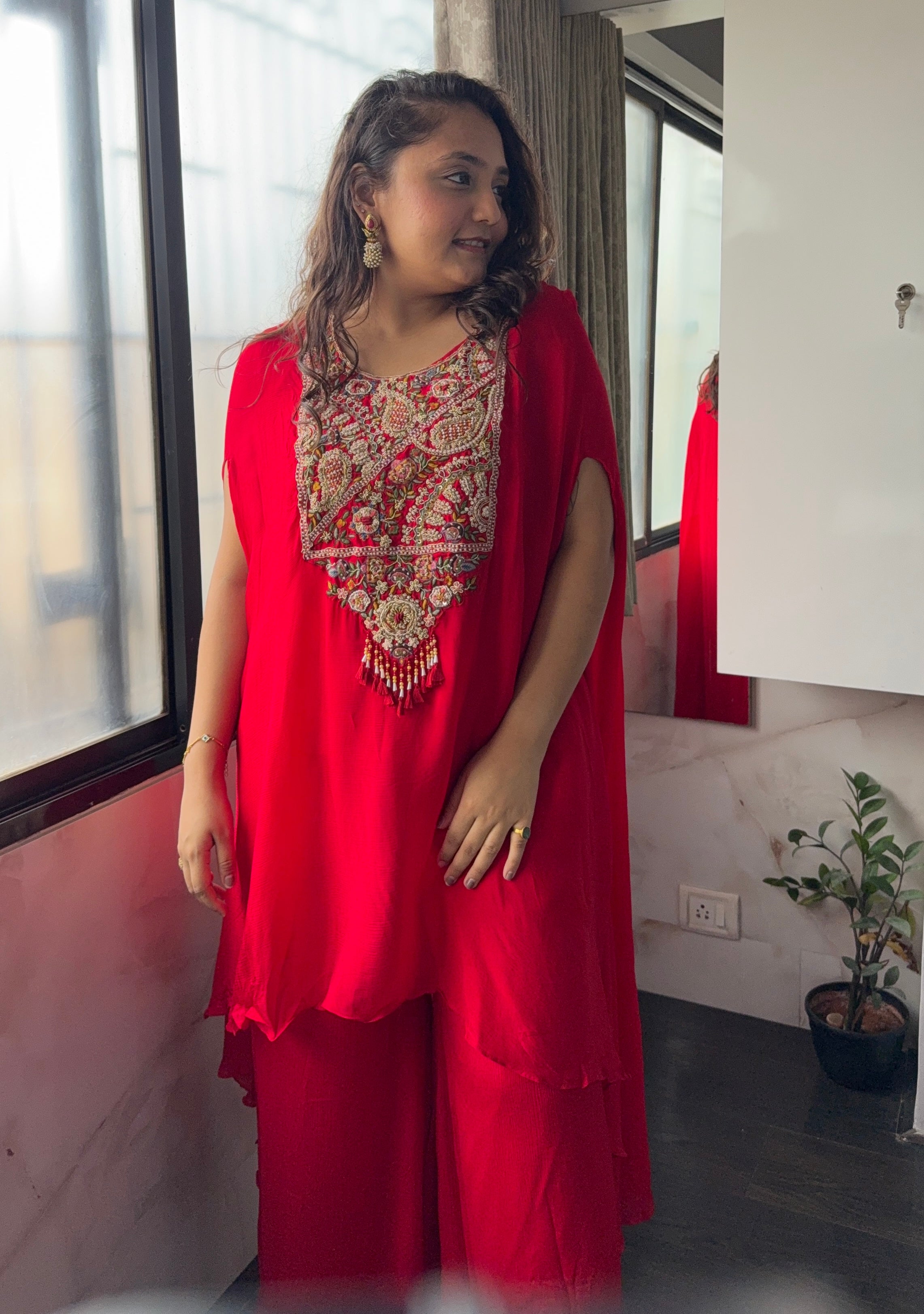 Red Crepe Heavy Embroidered Coord