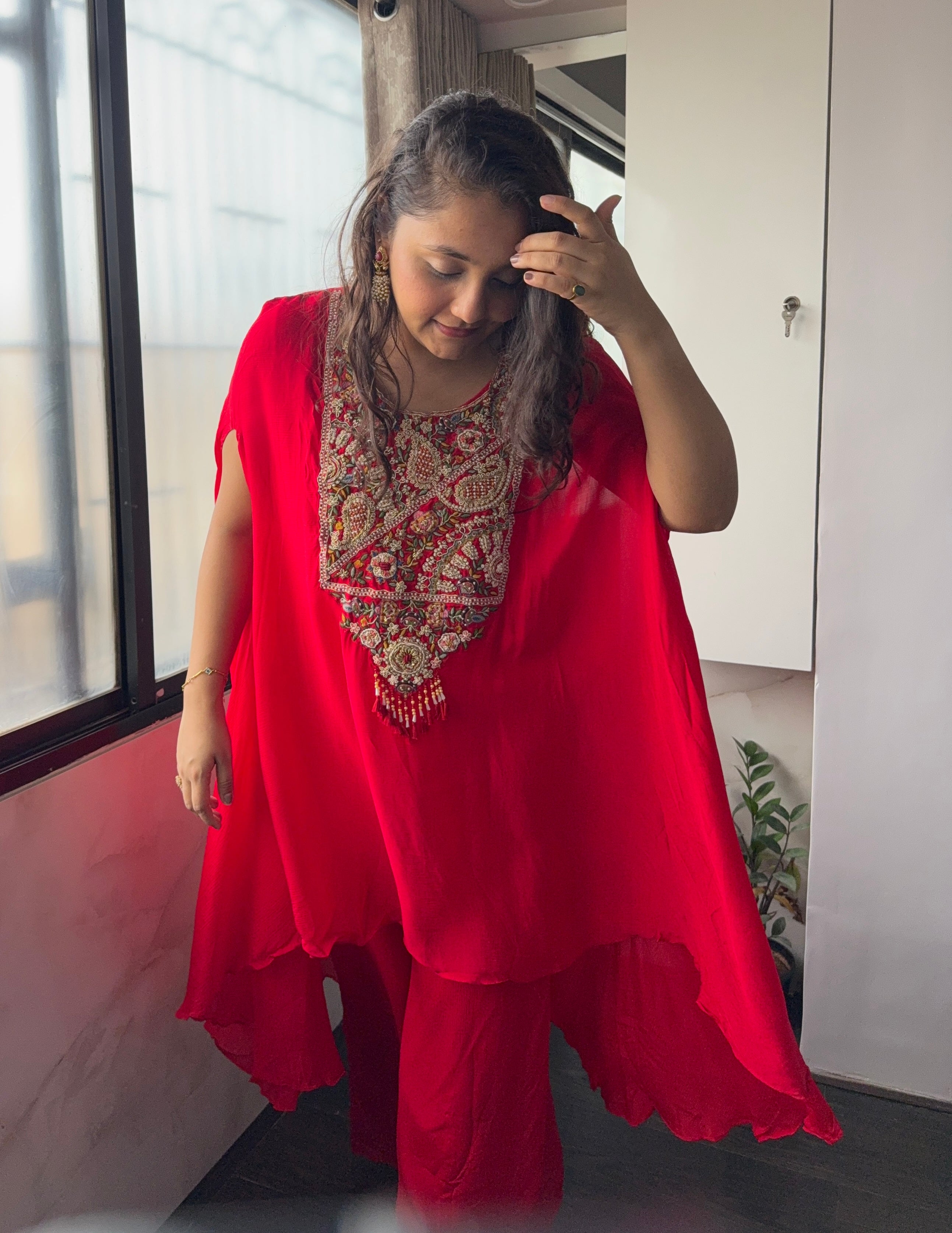 Red Crepe Heavy Embroidered Coord