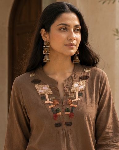 Mocha Brown Cotton Embroidered Coord Set