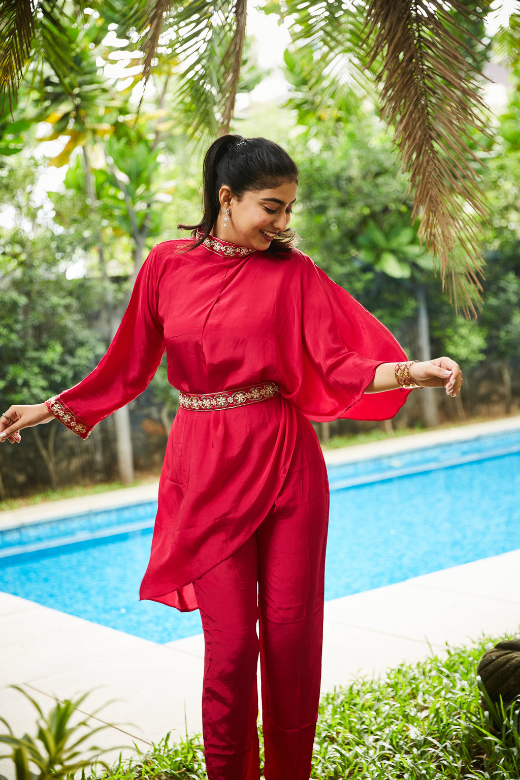 Pink Half-Kaftan Style Coord Set with Embellished Waist