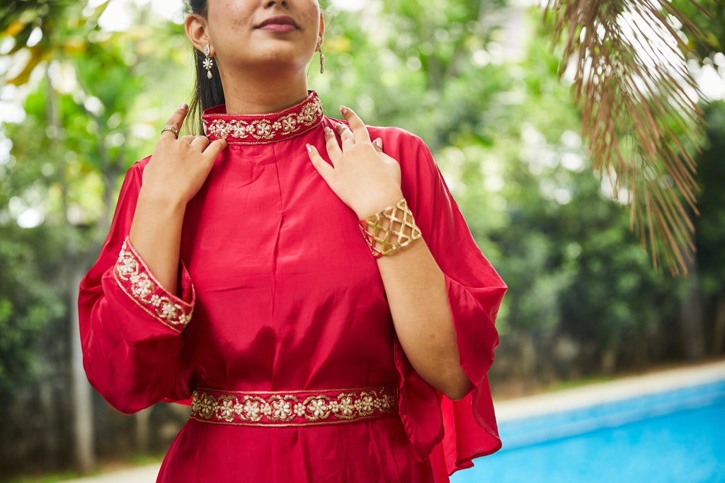 Pink Half-Kaftan Style Coord Set with Embellished Waist