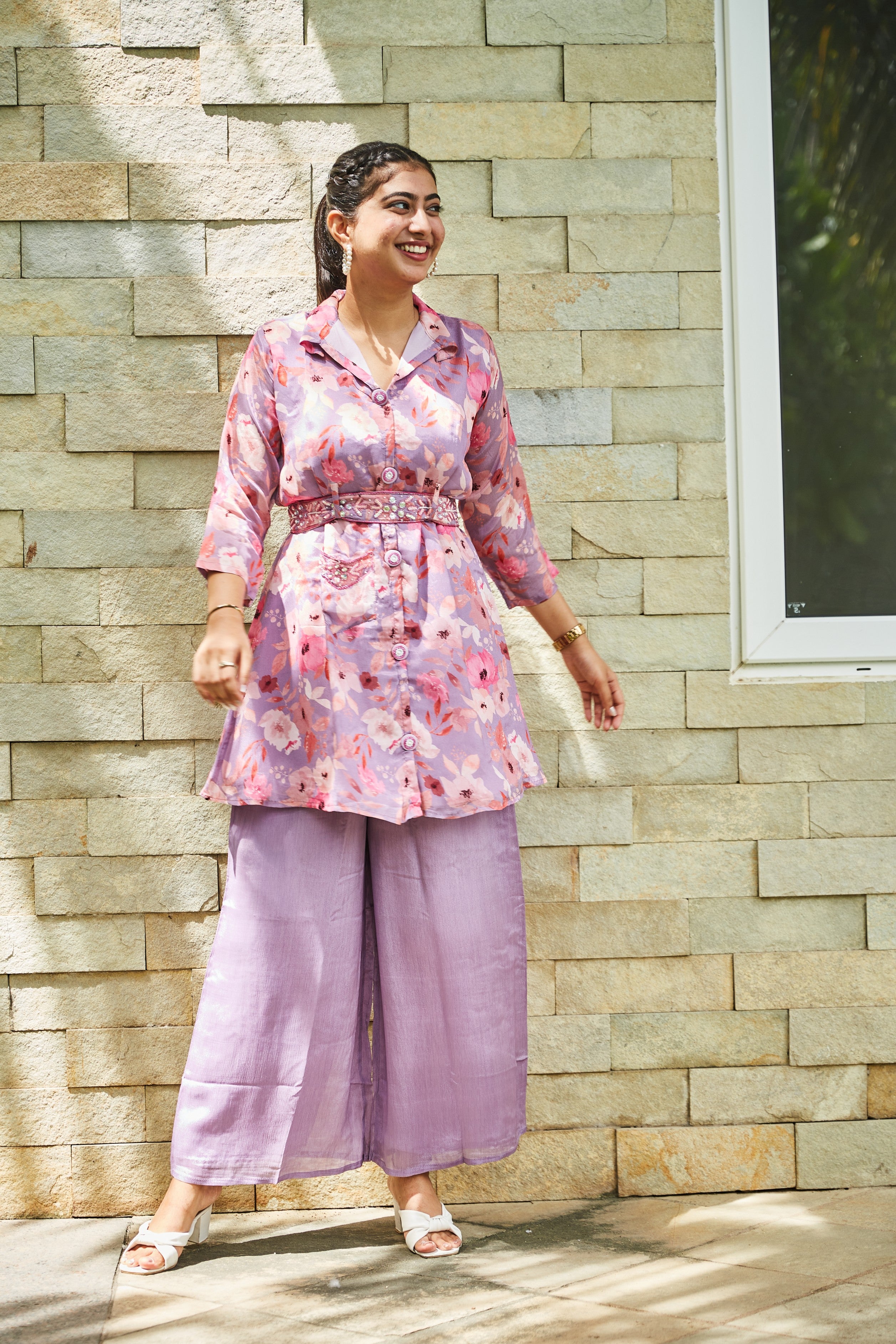 Lilac Floral Printed chiffon Organza Blend Coord Set with Embellished Waist