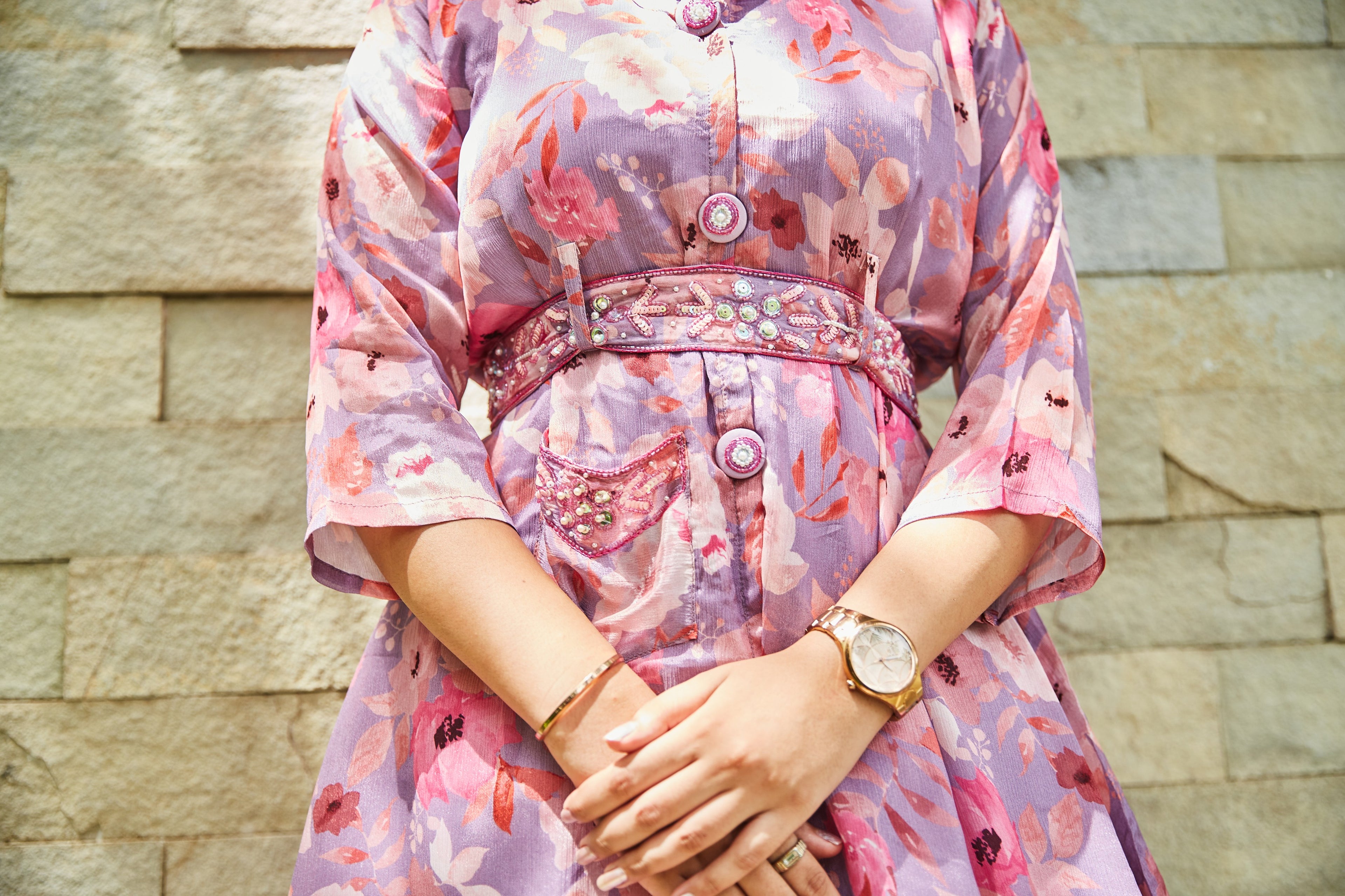 Lilac Floral Printed chiffon Organza Blend Coord Set with Embellished Waist