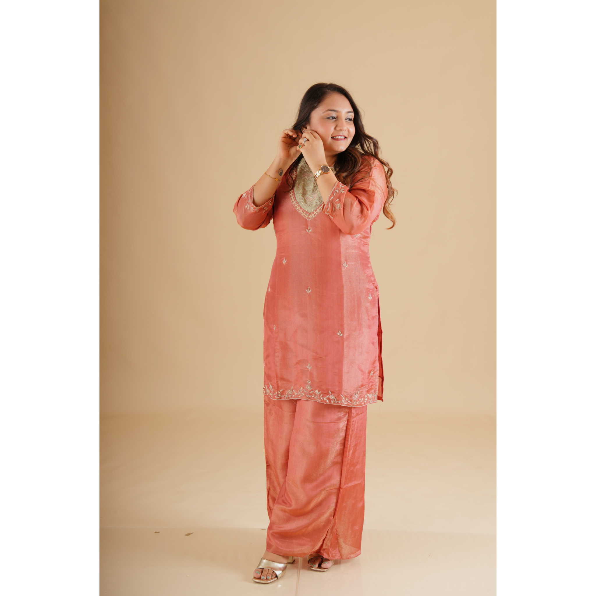 Pink Silk Embroidered Coord Set