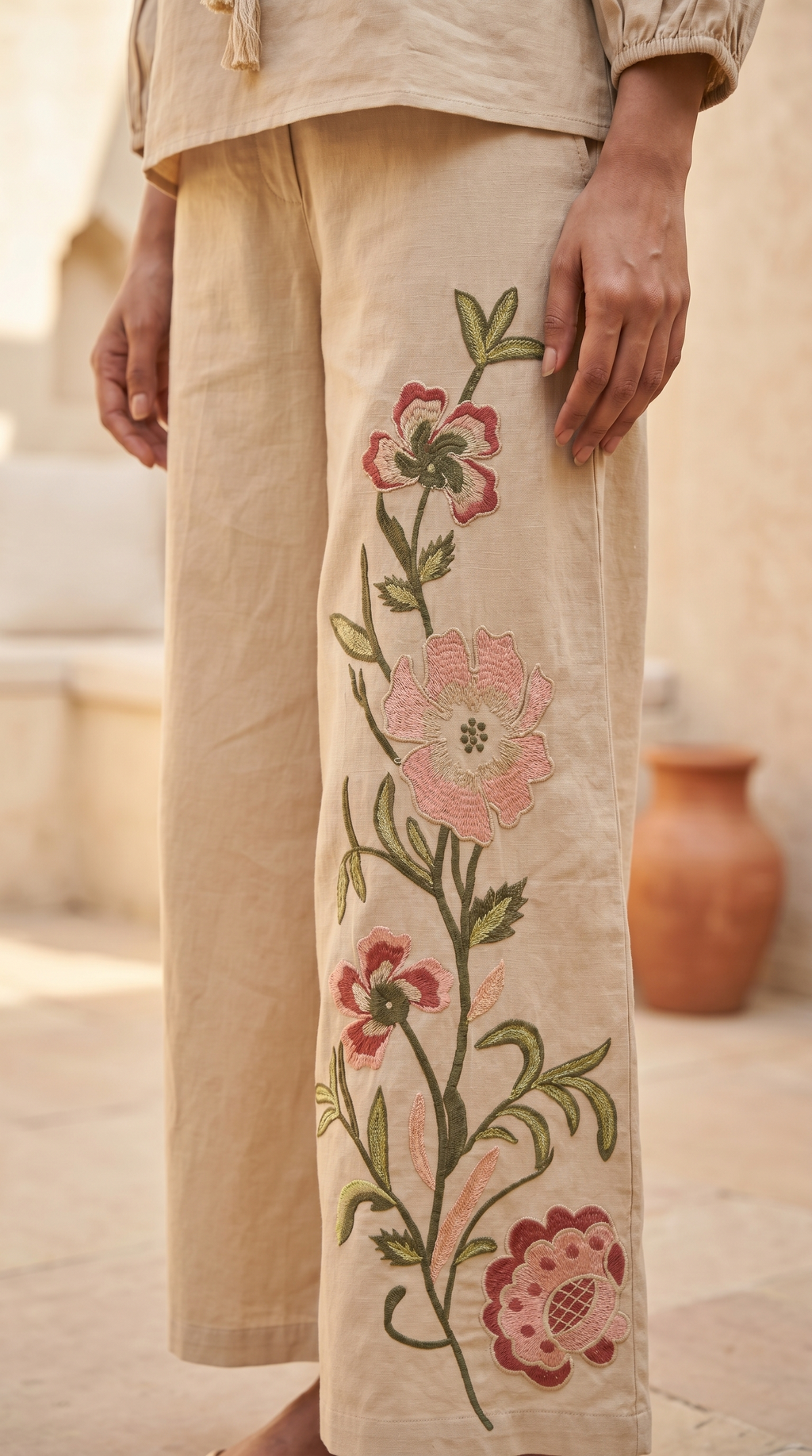 Beige Cotton Floral Embroidered on Pants Coord Set