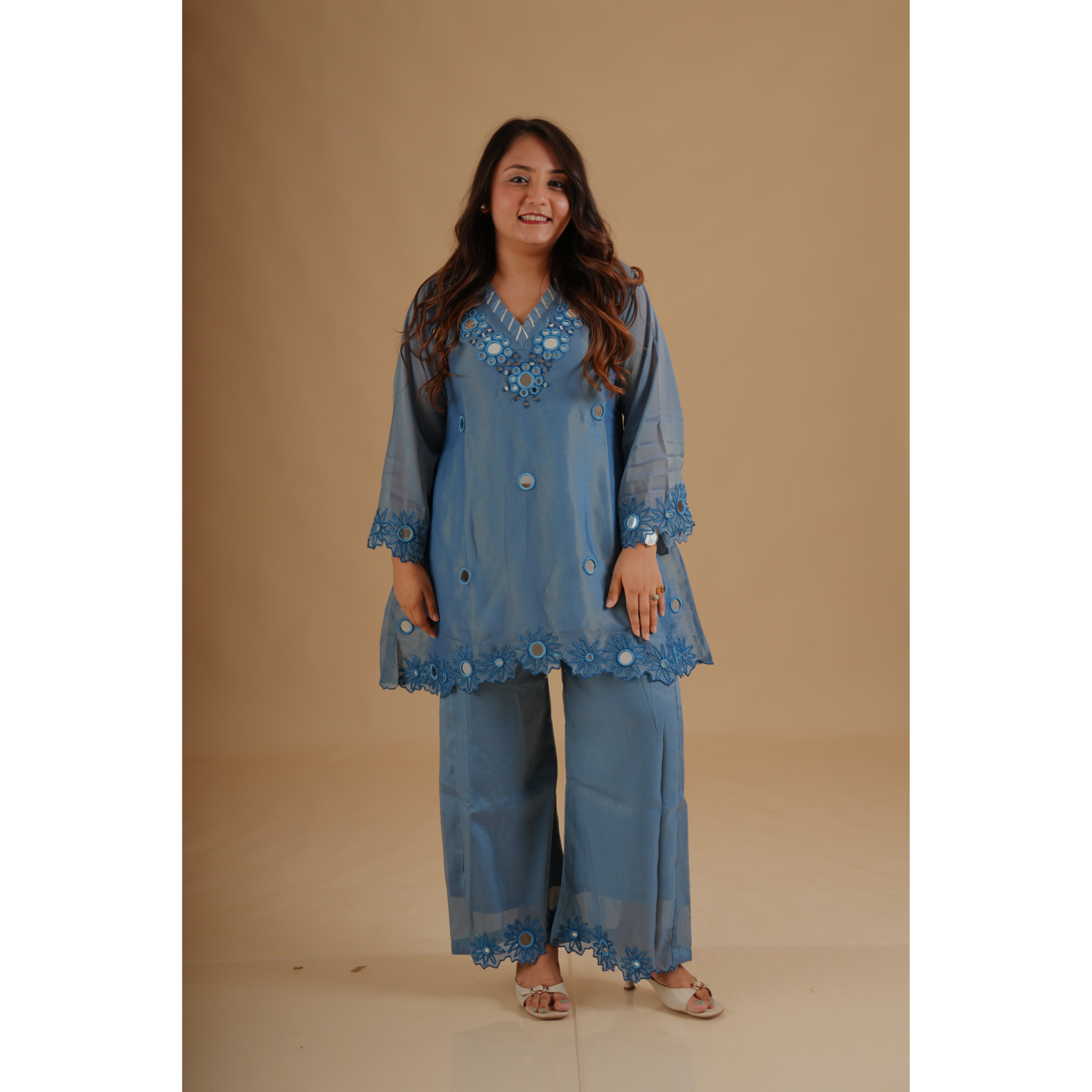 Azure Blue Mirror Embroidered Coord Set