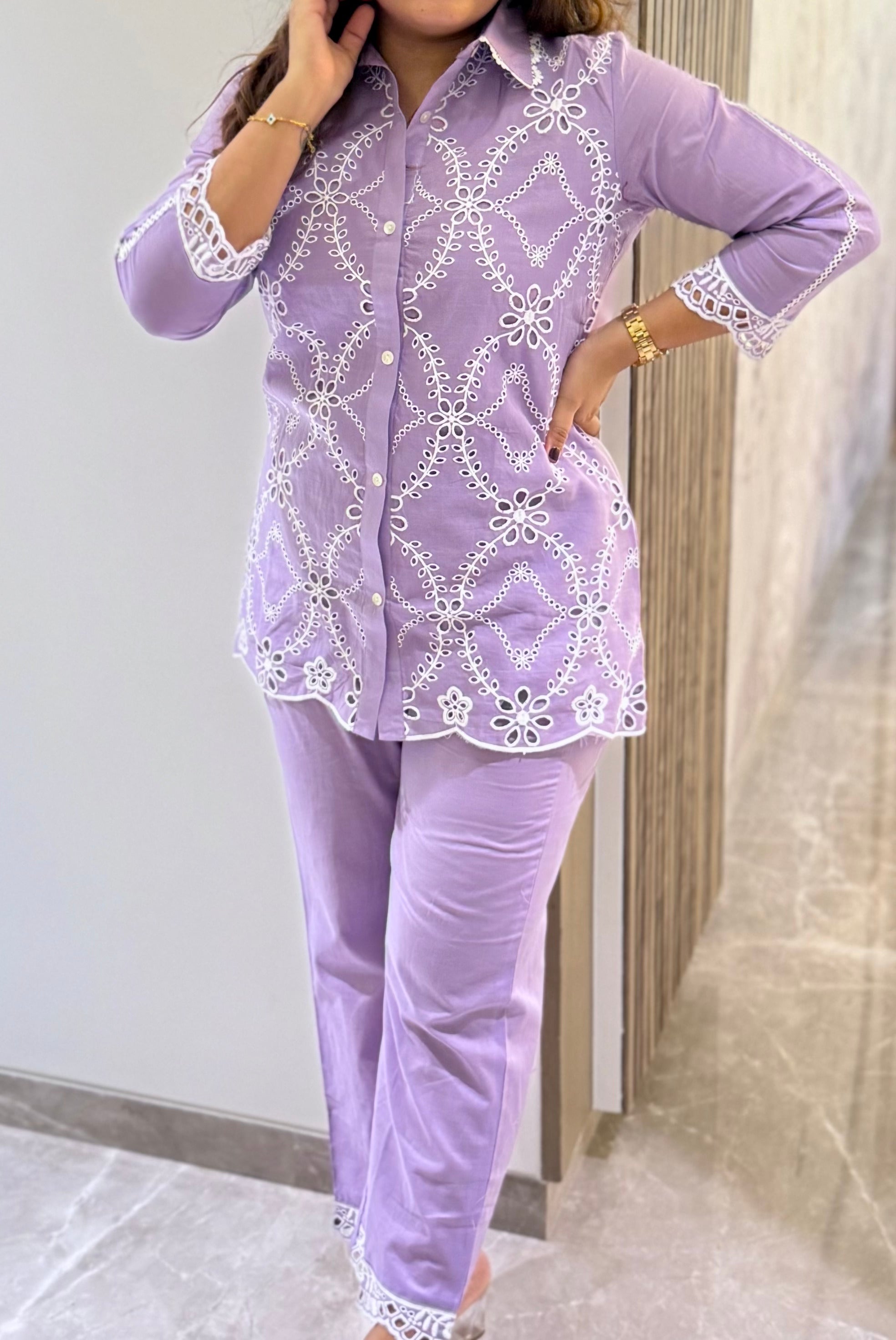 Lavender Cotton Schiffli Embroidered Coord Set
