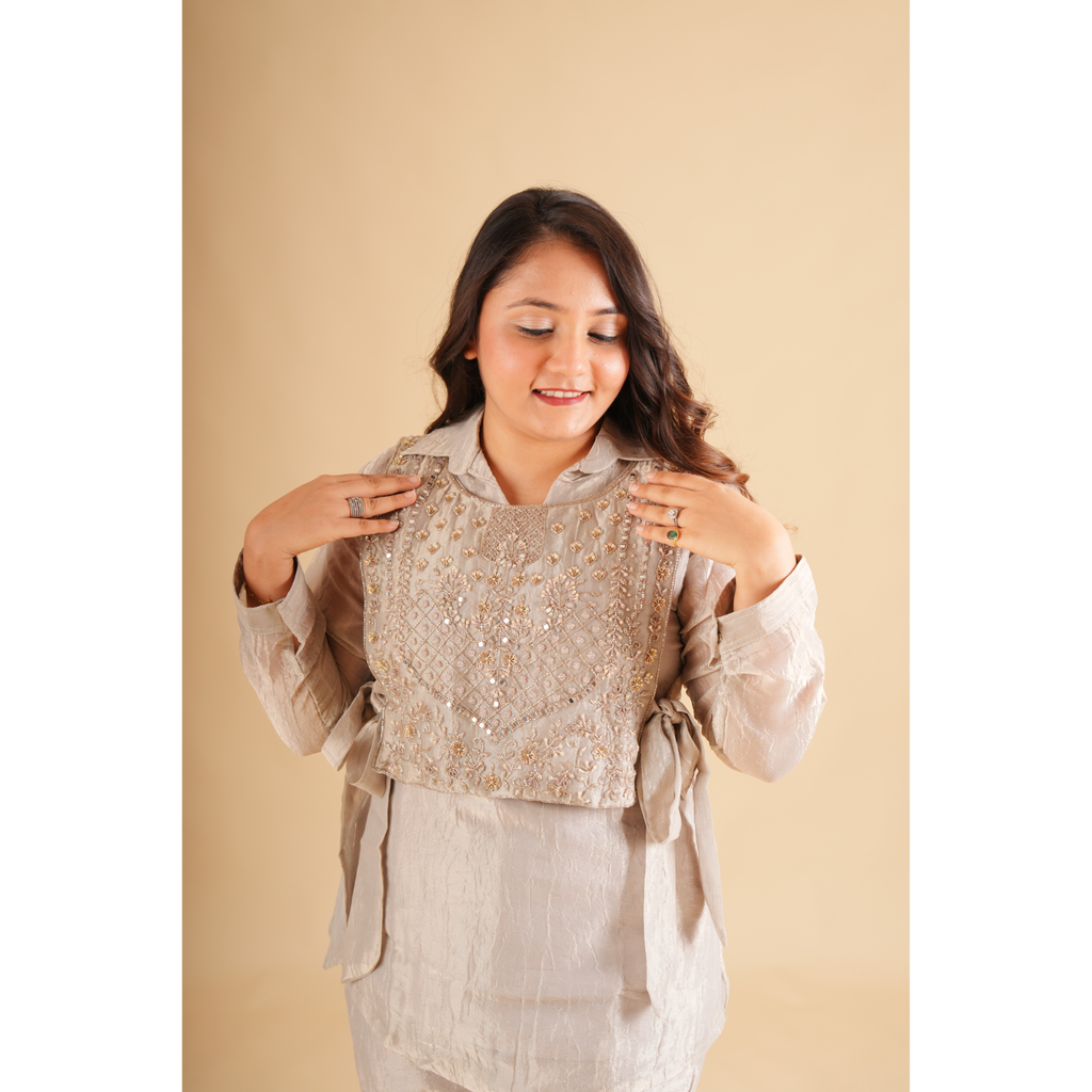 Grey Tissue Blend Embellished Coord Set