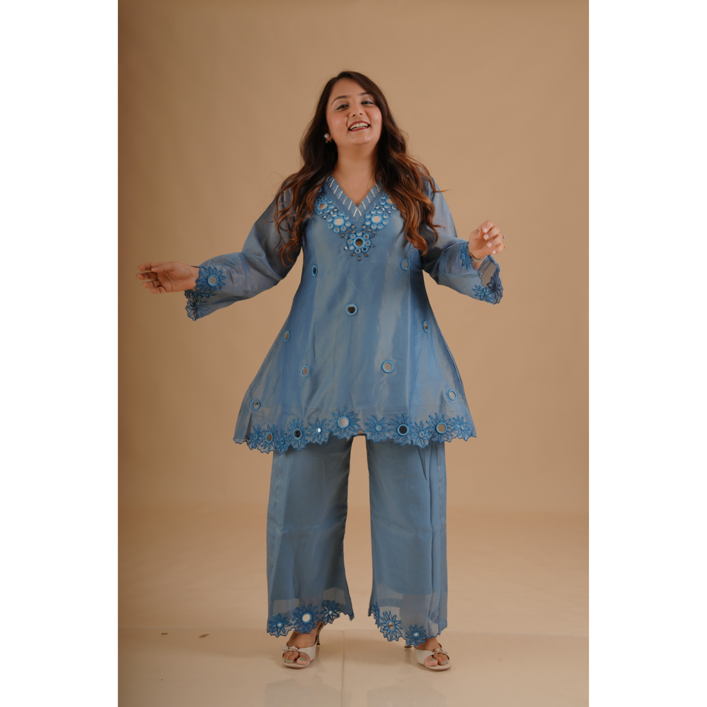 Azure Blue Mirror Embroidered Coord Set