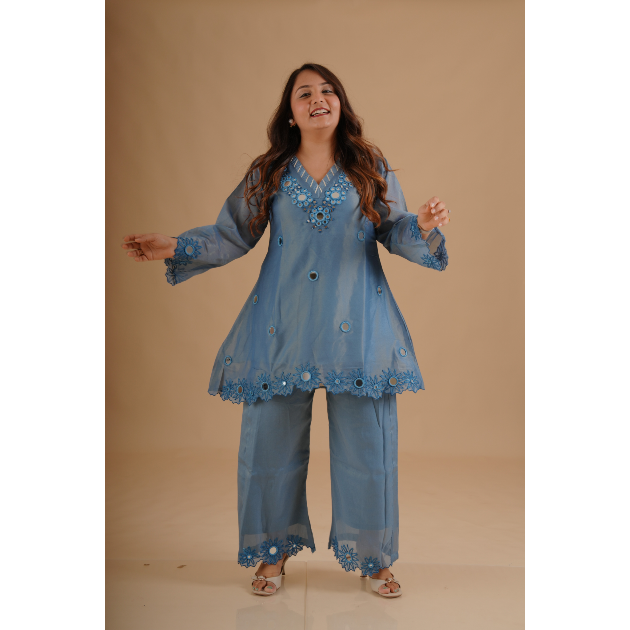Azure Blue Mirror Embroidered Coord Set