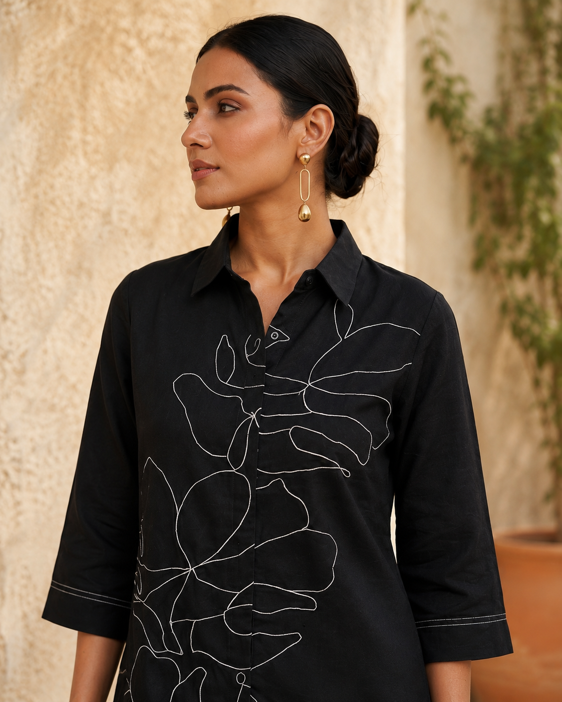Black Cotton Floral Embroidered Coord Set