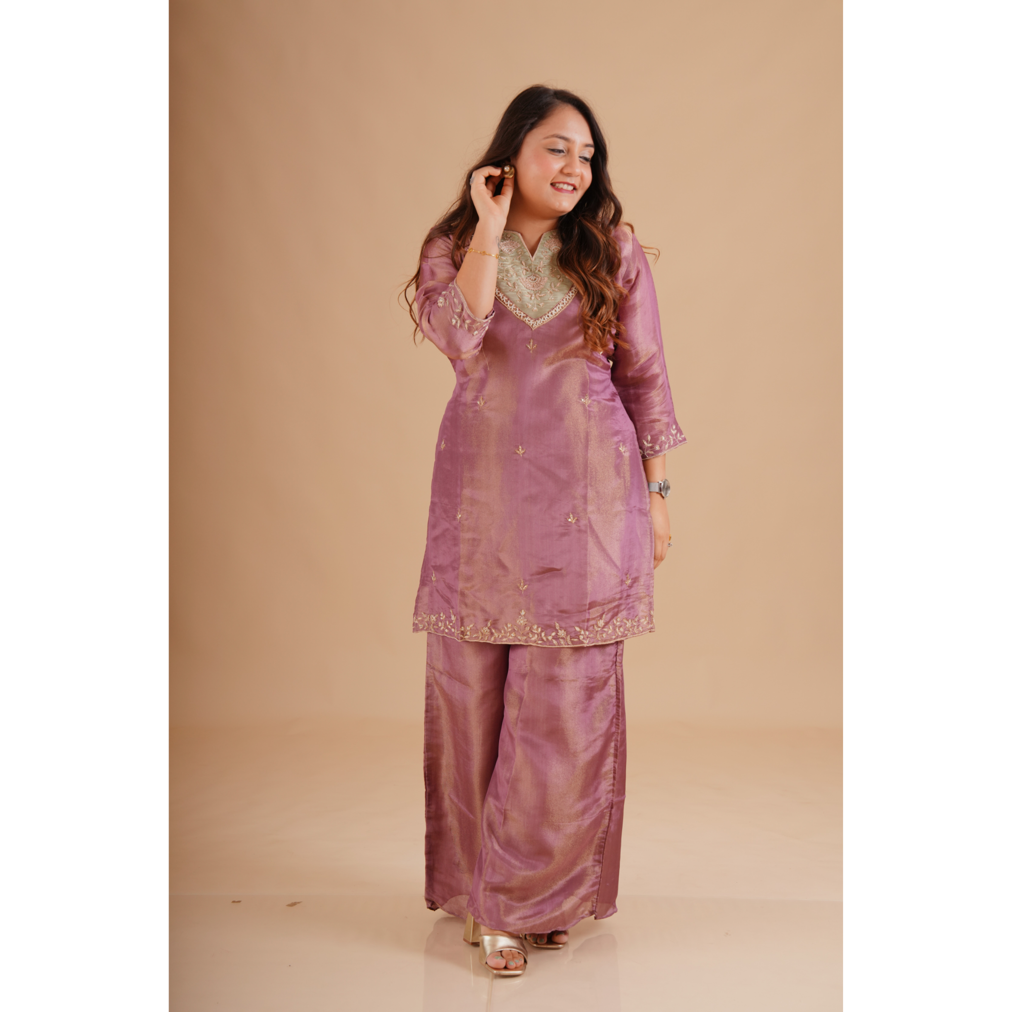 Mauve Silk Blend Embroidered Coord Set