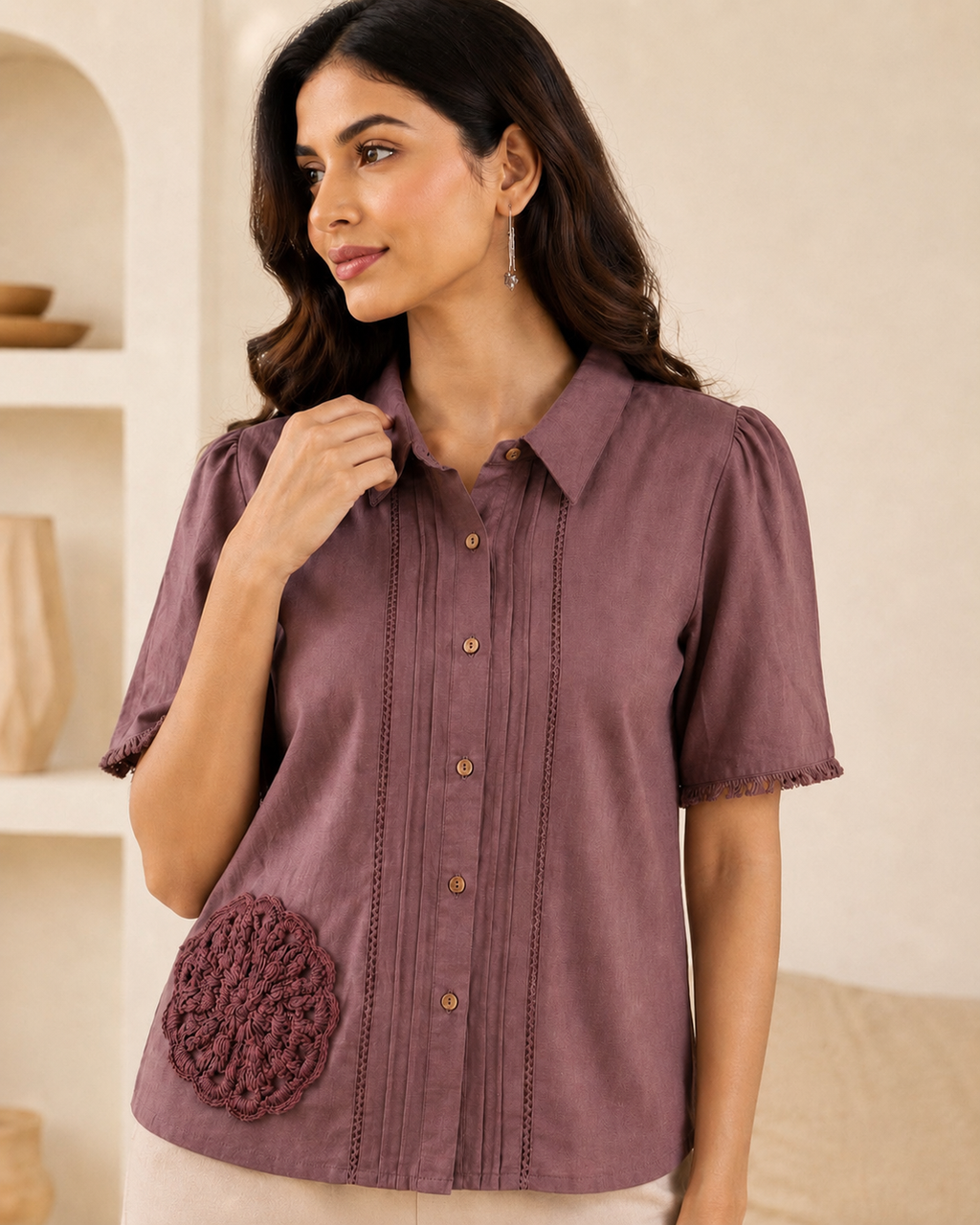 Mauve Cotton Crochet Detail Top