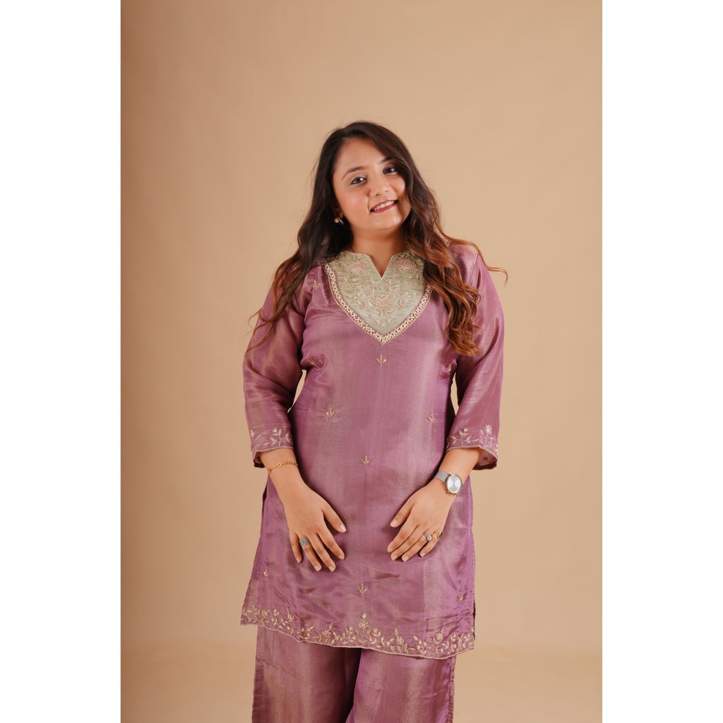 Mauve Silk Blend Embroidered Coord Set