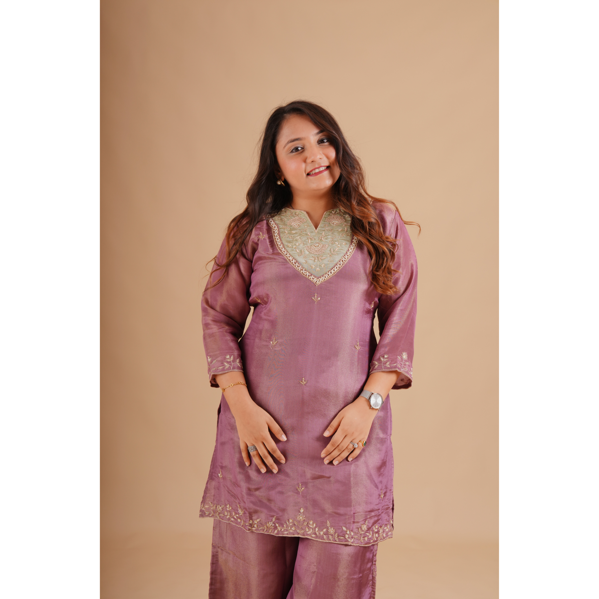 Mauve Silk Blend Embroidered Coord Set