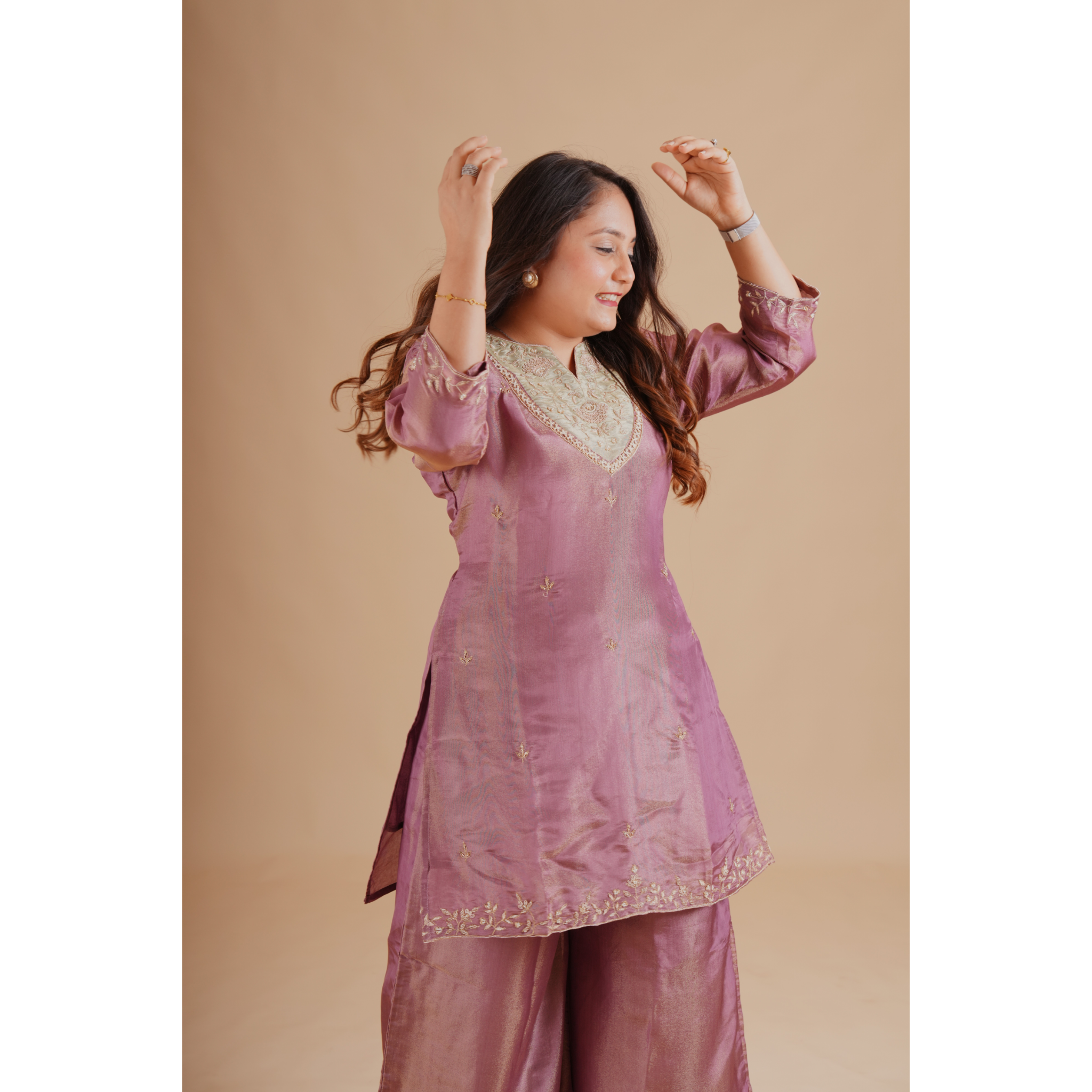 Mauve Silk Blend Embroidered Coord Set
