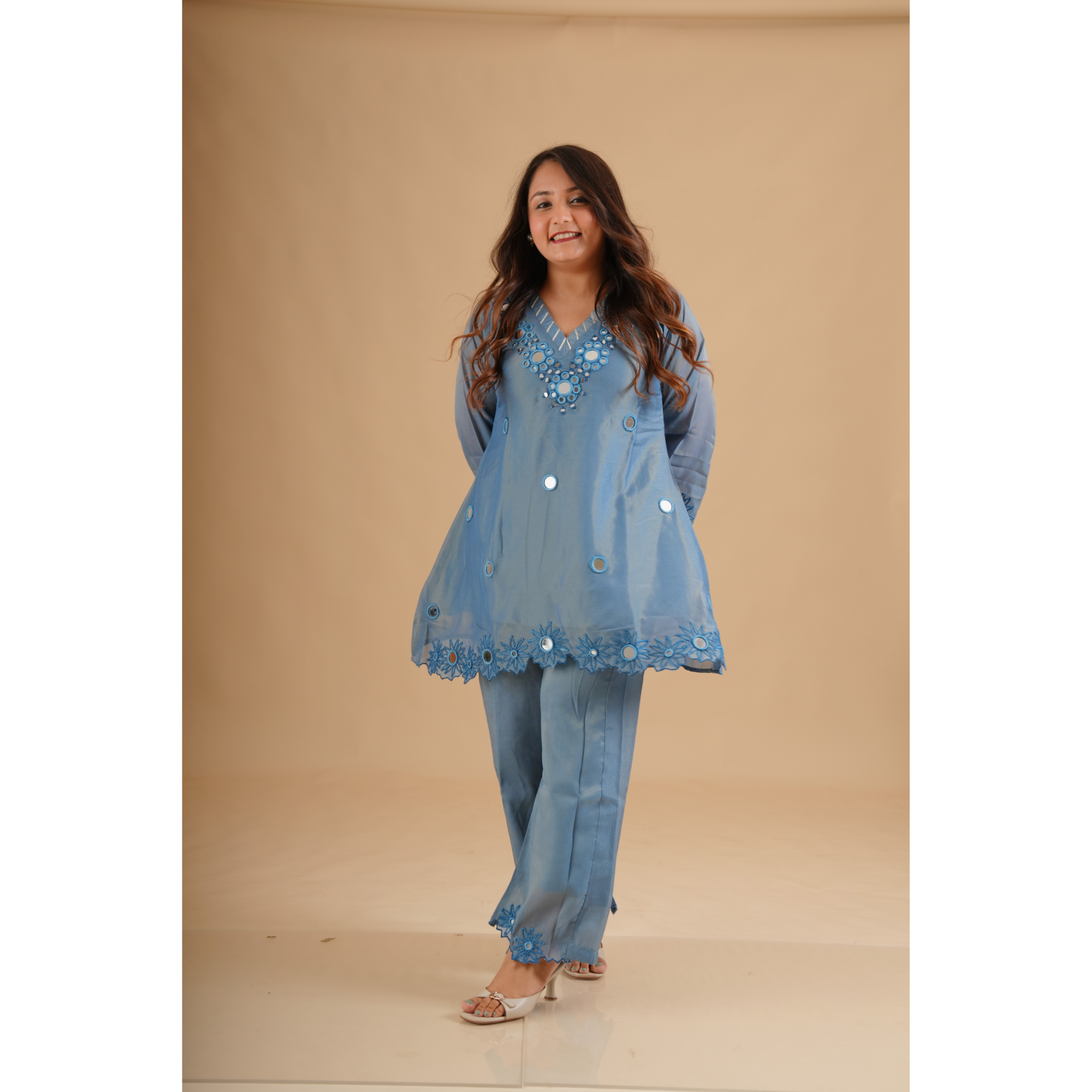 Azure Blue Mirror Embroidered Coord Set