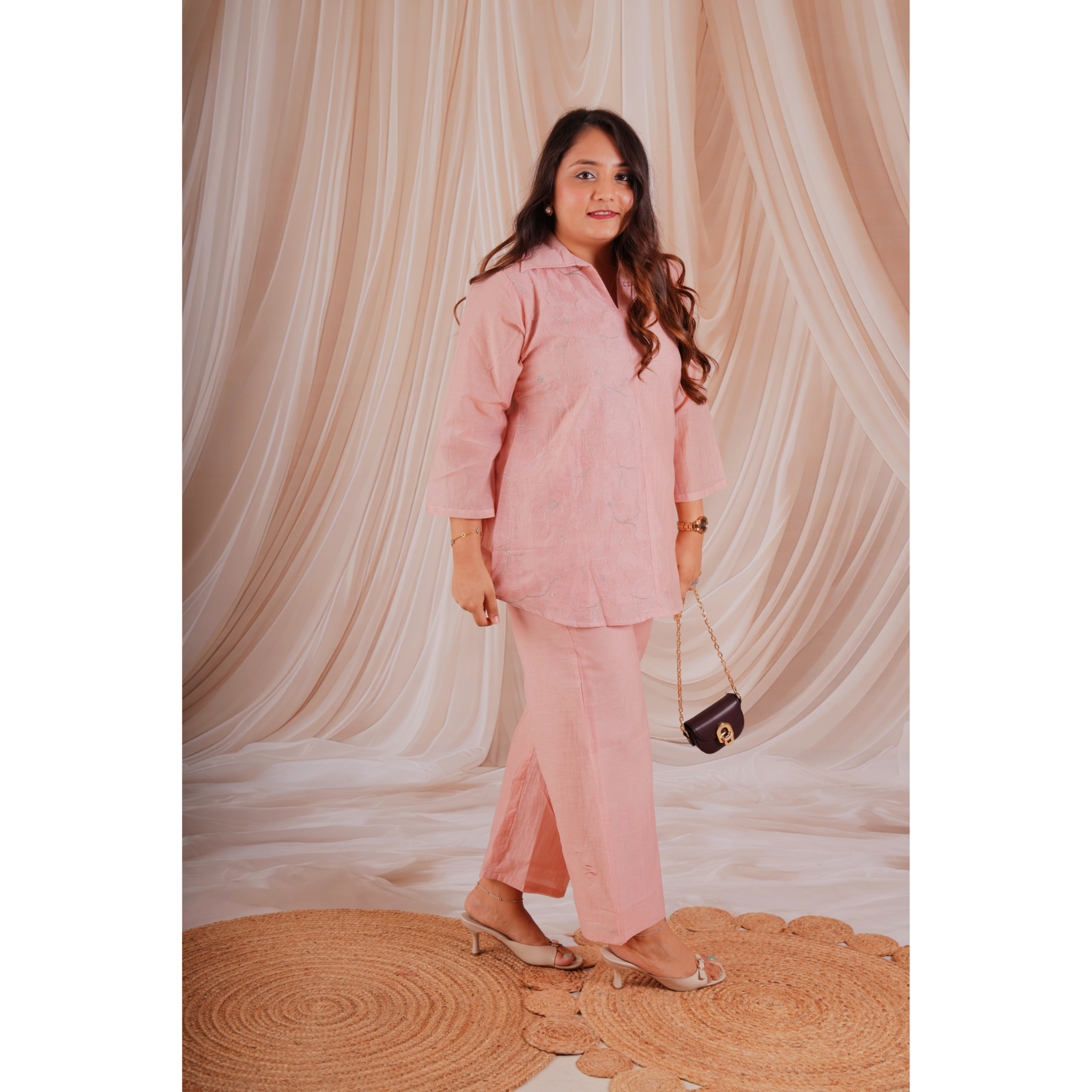 Blush Pink Floral Embroidered Coord Set