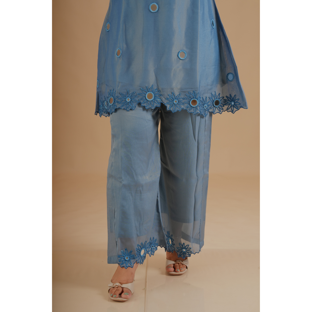 Azure Blue Mirror Embroidered Coord Set