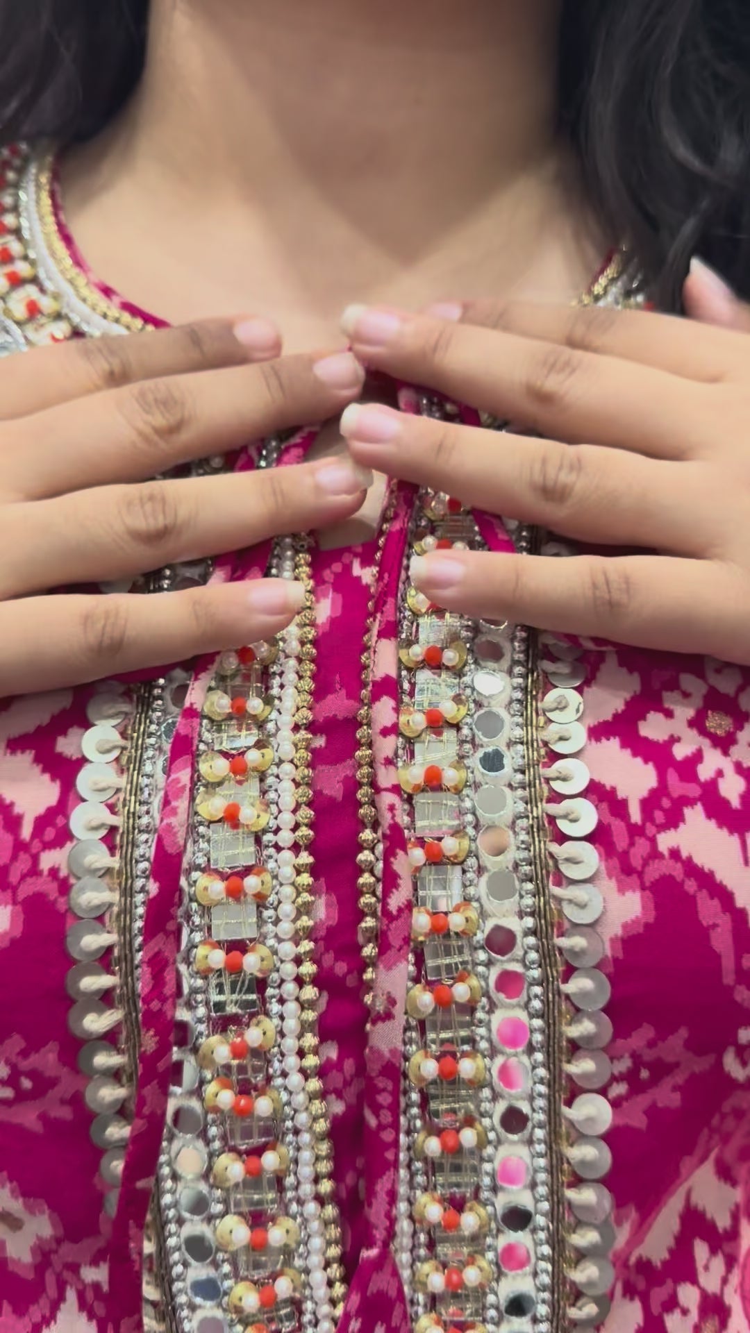 Ikat Print Pink coord Set – Beaded & Mirror Neckline