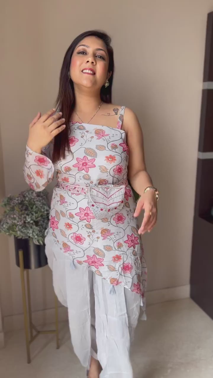 Grey Asymmetric Floral Top & Pants Set with Detachable Belt