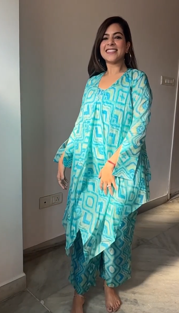 Turquoise Abstract Print Kaftan-Style Coord Set